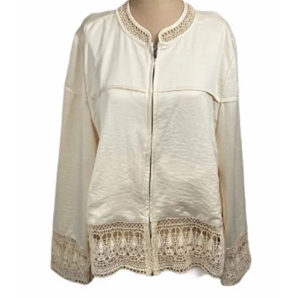 HINGE Silk & Crochet Zip Front Bomber Jacket Ivory Size Small Granny Core